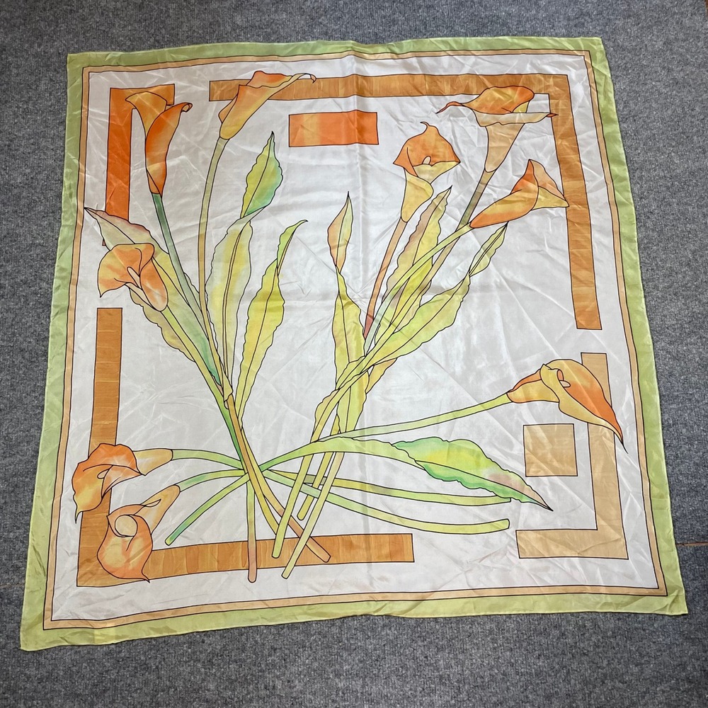 Hand Painted 100% Silk Scarf 35" Square Cala Lily Floral Handmade Art Scarf Top